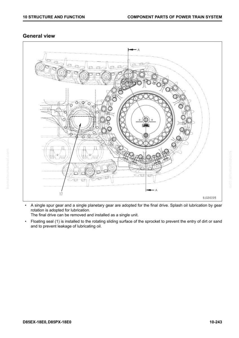 May include: Detailed technical diagram of a power train system, featuring a general view of the components. The diagram includes a single spur gear, planetary gear, and a floating seal. Text includes "10 STRUCTURE AND FUNCTION" and "COMPONENT PARTS OF POWER TRAIN SYSTEM."