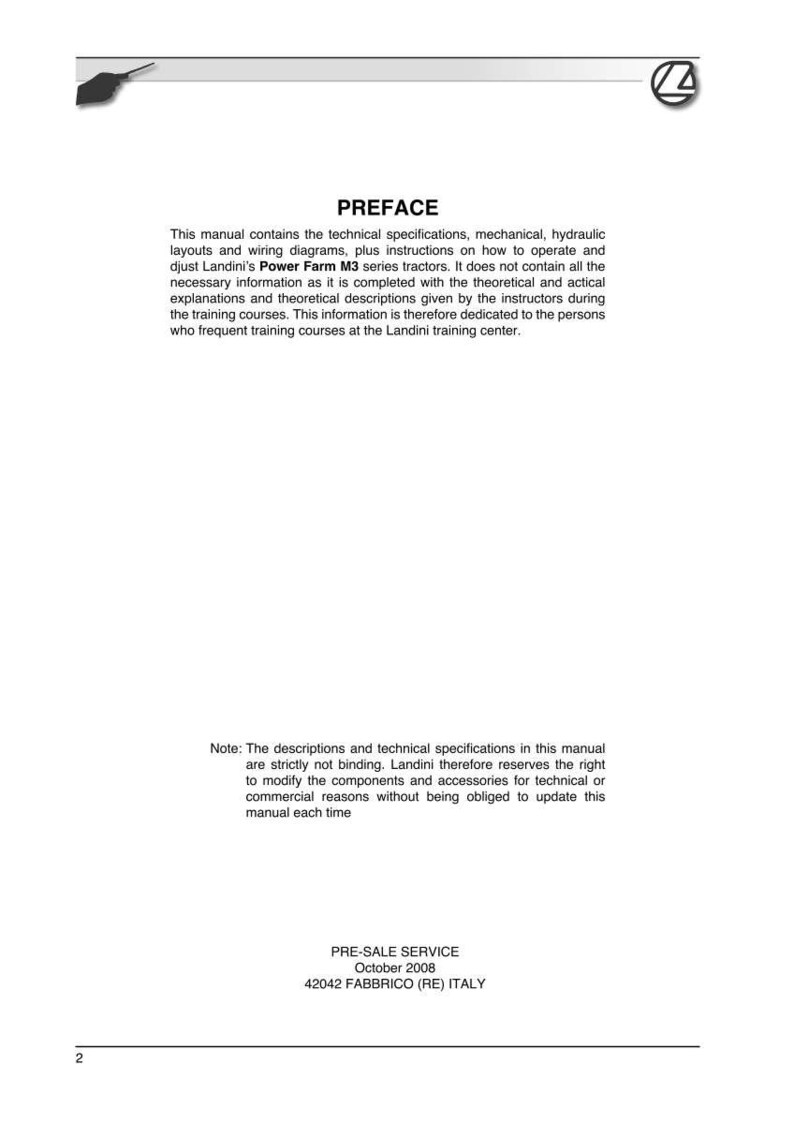 May include: A white manual with the title "PREFACE" at the top. The text describes technical specifications, instructions, and diagrams for Landini's Power Farm M3 series tractors. The bottom of the page includes the text "PRE-SALE SERVICE October 2008".