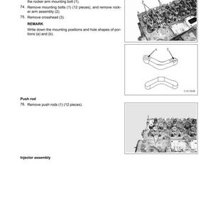 May include: Diagram of cylinder head assembly disassembly and assembly instructions. Includes images of rocker arm, crosshead, and push rod components. Text instructions detail removing bolts, rocker arm assembly, and crosshead.
