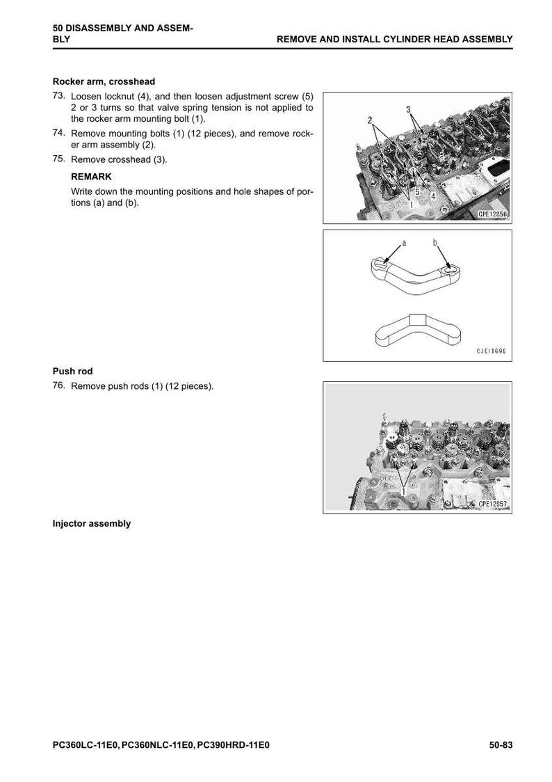 May include: Diagram of cylinder head assembly disassembly and assembly instructions. Includes images of rocker arm, crosshead, and push rod components. Text instructions detail removing bolts, rocker arm assembly, and crosshead.