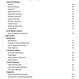 May include: A page from a manual with a table of contents. The text includes topics like "Fuels and Lubricants", "Engine Oil", and "Carburetor Operation". Page numbers are listed on the right side.