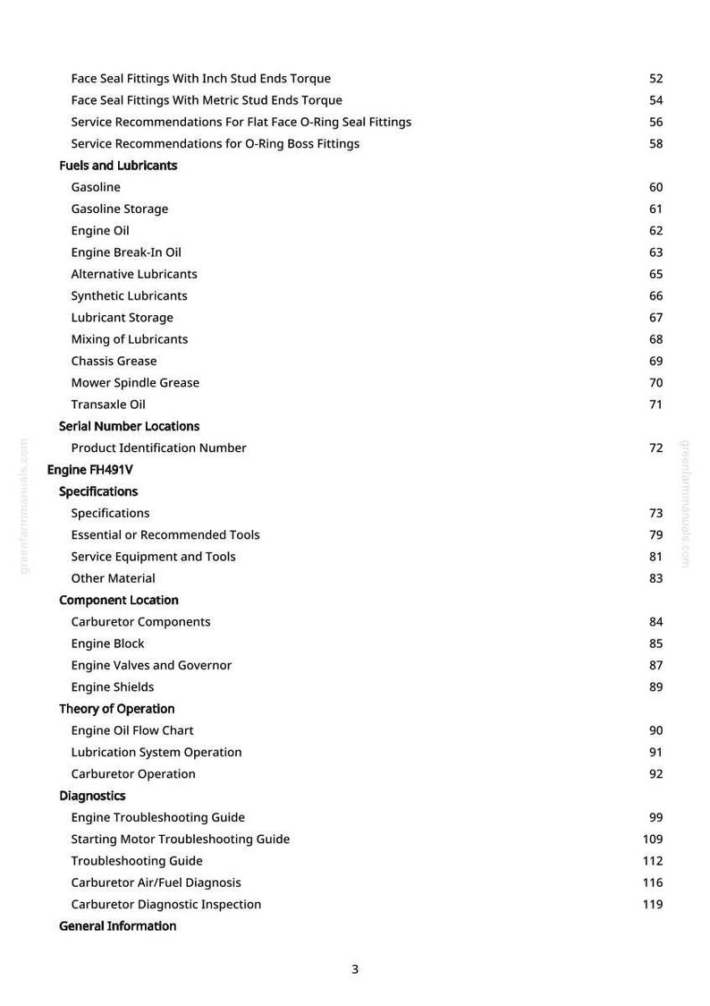 May include: A page from a manual with a table of contents. The text includes topics like "Fuels and Lubricants", "Engine Oil", and "Carburetor Operation". Page numbers are listed on the right side.