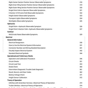 Pu&ograve; includere: Un elenco dettagliato di sintomi osservabili, informazioni elettriche e controlli operativi. Il testo include argomenti come idraulica, fertilizzanti e sistemi elettrici, con i relativi numeri di pagina. &Egrave; un manuale tecnico.