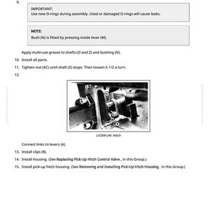 May include: A black and white image of a mechanical diagram with text instructions. The diagram shows a detailed view of a hitch assembly, labeled LV209-UN. Instructions include steps for assembly, part removal, and installation.