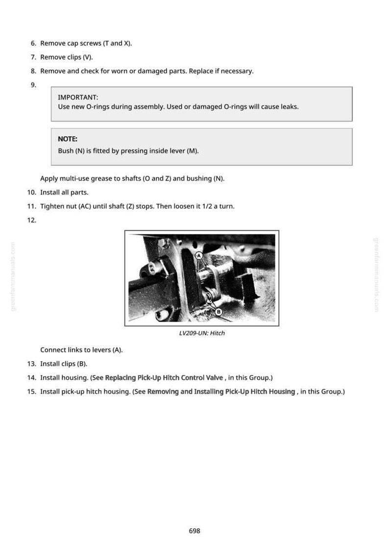 May include: A black and white image of a mechanical diagram with text instructions. The diagram shows a detailed view of a hitch assembly, labeled LV209-UN. Instructions include steps for assembly, part removal, and installation.