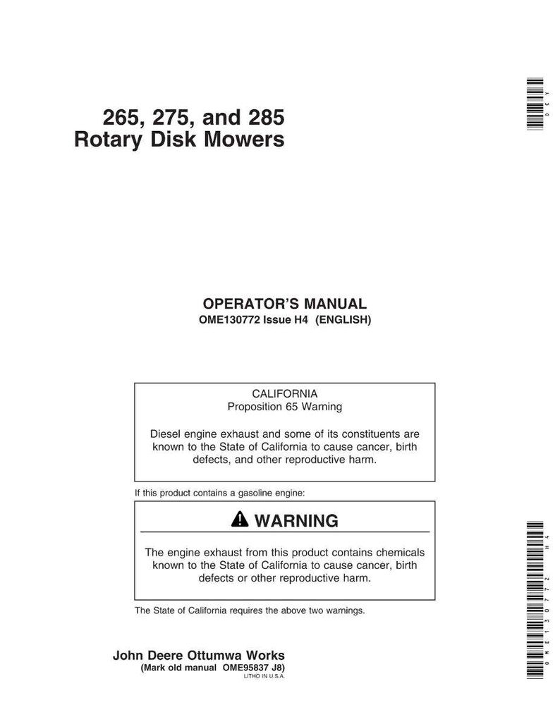 May include: A white operator's manual for 265, 275, and 285 Rotary Disk Mowers. The manual includes a California Proposition 65 warning about diesel engine exhaust and a warning about engine exhaust containing chemicals.