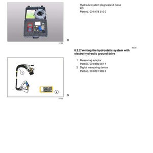 May include: A manual page showing hydraulic system tools. The image includes a kit in a case, a measuring adaptor, and a digital measuring device. Text provides part numbers and system descriptions.