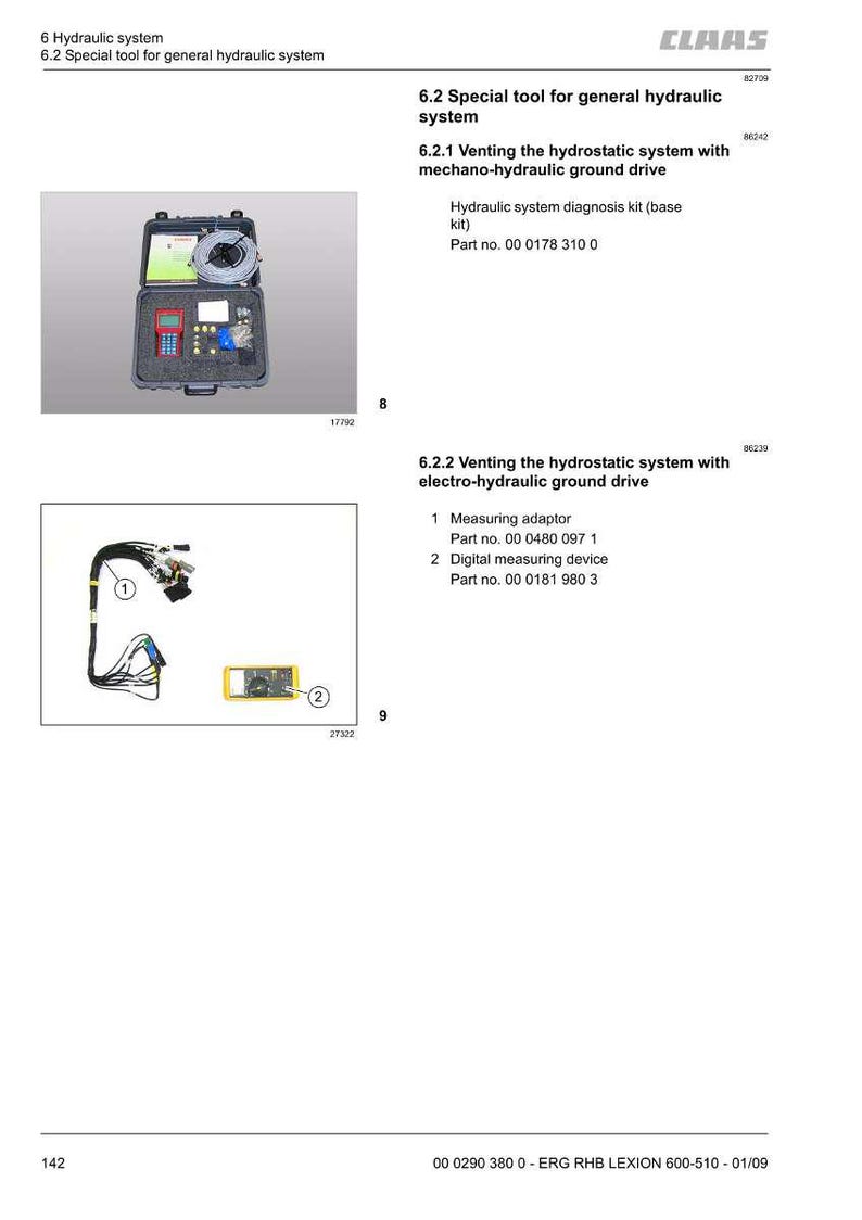 May include: A manual page showing hydraulic system tools. The image includes a kit in a case, a measuring adaptor, and a digital measuring device. Text provides part numbers and system descriptions.
