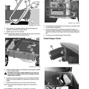 May include: Diagrams illustrating the installation of machine components, including brackets, bolts, and a mounting plate. Instructions detail securing parts with nuts and pins, with a caution about weight installation.