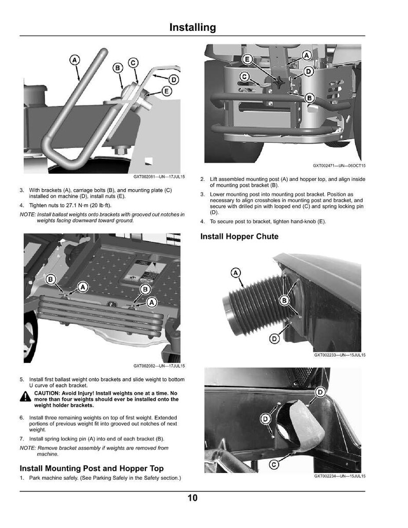 May include: Diagrams illustrating the installation of machine components, including brackets, bolts, and a mounting plate. Instructions detail securing parts with nuts and pins, with a caution about weight installation.