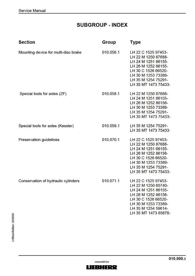 May include: A service manual page titled "SUBGROUP - INDEX" with a table listing sections, groups, and types. The document includes information on mounting devices, special tools, preservation guidelines, and hydraulic cylinders.