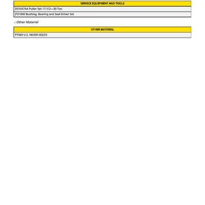 K&ouml;nnte beinhalten: Eine Seite mit dem Titel "Loader Boom Bushings Remove and Install" listet Serviceausr&uuml;stung und Werkzeuge auf, darunter ein Abziehersatz und ein Buchsen-, Lager- und Dichtungstreibersatz. Es listet auch "Sonstiges Material" einschlie&szlig;lich PT569 U.S. NEVER-SEEZ&reg; auf.