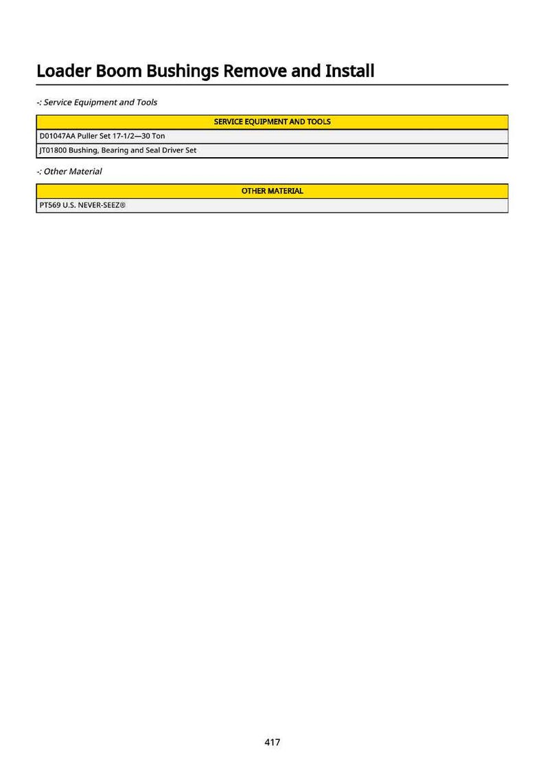 K&ouml;nnte beinhalten: Eine Seite mit dem Titel "Loader Boom Bushings Remove and Install" listet Serviceausr&uuml;stung und Werkzeuge auf, darunter ein Abziehersatz und ein Buchsen-, Lager- und Dichtungstreibersatz. Es listet auch "Sonstiges Material" einschlie&szlig;lich PT569 U.S. NEVER-SEEZ&reg; auf.