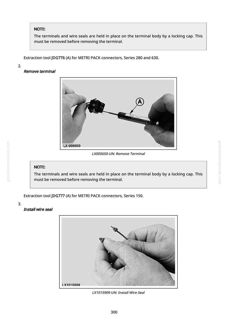 Pu&ograve; includere: Diagramma che mostra la rimozione e l'installazione di terminali e guarnizioni per cavi. L'immagine include istruzioni testuali e diagrammi per l'utilizzo degli strumenti di estrazione JDG776 e JDG777 sui connettori METRI PACK.