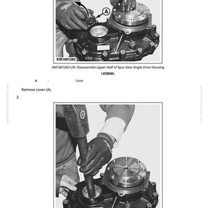 May include: A black and white technical diagram illustrating the disassembly of a spur gear angle drive housing. The image shows a mechanic using tools to remove and disassemble the housing components. Text includes "Disassemble Upper Half of Spur Gear Angle Drive Housing."