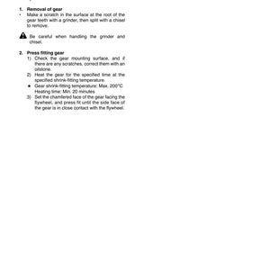 Op de afbeelding: Een pagina uit een reparatiehandleiding met details over het proces van het vervangen van een vliegwielringtandwiel. De tekst bevat instructies over verwijdering en perspassing, met waarschuwingen over veiligheid en het hanteren van gereedschap. De tekst bevat ook de krimpfittingtemperatuur van het tandwiel: Max. 200&deg;C.