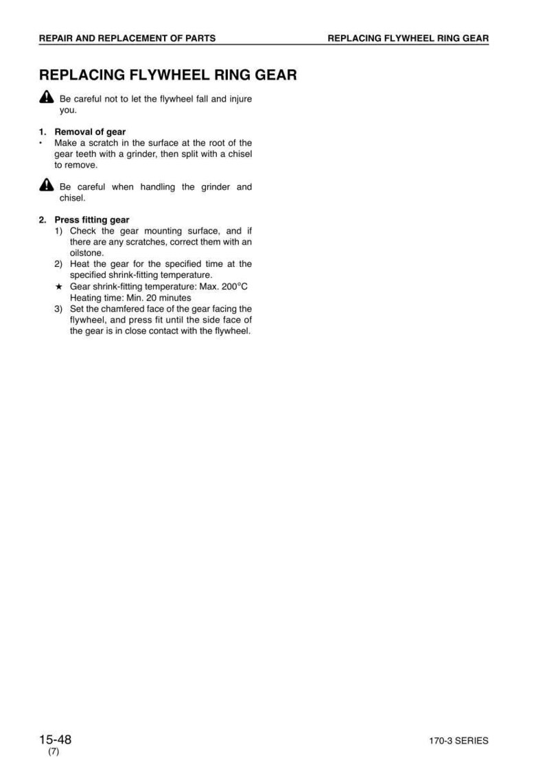 Op de afbeelding: Een pagina uit een reparatiehandleiding met details over het proces van het vervangen van een vliegwielringtandwiel. De tekst bevat instructies over verwijdering en perspassing, met waarschuwingen over veiligheid en het hanteren van gereedschap. De tekst bevat ook de krimpfittingtemperatuur van het tandwiel: Max. 200&deg;C.