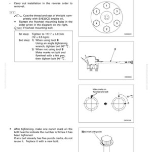 Pu&ograve; includere: Diagramma di installazione della tenuta posteriore del motore, con istruzioni per il serraggio dei bulloni di montaggio del volano. Include specifiche di coppia in Nm e diagrammi per la marcatura dei bulloni.