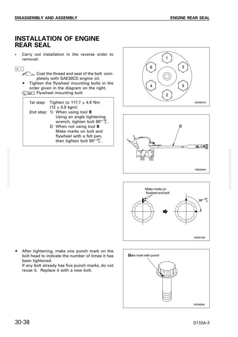 Pu&ograve; includere: Diagramma di installazione della tenuta posteriore del motore, con istruzioni per il serraggio dei bulloni di montaggio del volano. Include specifiche di coppia in Nm e diagrammi per la marcatura dei bulloni.