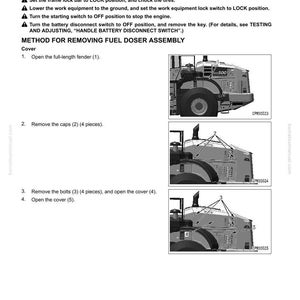 Op de afbeelding: Een pagina uit een technisch handboek met instructies voor het verwijderen en installeren van een brandstofdoseerunit. De pagina bevat diagrammen van een Komatsu WA500-8 machine, met genummerde stappen en labels voor onderdelen.
