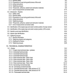 May include: A detailed table of contents from a technical manual, listing sections on engine components, safety, and technical data. The text is in black against a white background, with page numbers on the right.