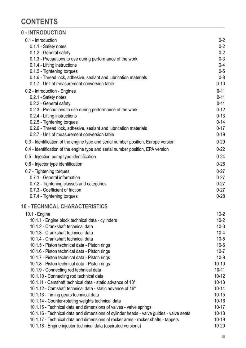 May include: A detailed table of contents from a technical manual, listing sections on engine components, safety, and technical data. The text is in black against a white background, with page numbers on the right.