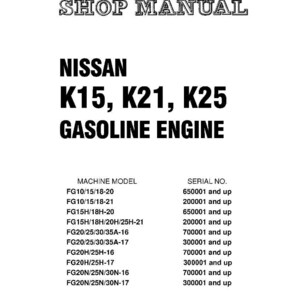 May include: Shop manual for Nissan K15, K21, and K25 gasoline engines. The document includes machine models and serial numbers. The Komatsu logo is at the bottom. The manual is labeled K Series.