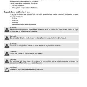 Puede incluir: P&aacute;gina de un manual t&eacute;cnico con instrucciones de seguridad para un tractor. El documento incluye advertencias sobre el funcionamiento del tractor, incluidos los peligros relacionados con el mantenimiento, la posici&oacute;n de conducci&oacute;n y el uso en entornos peligrosos. El logotipo de Argo Tractors est&aacute; en la parte superior.