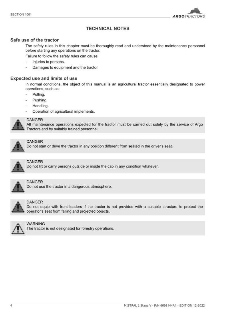 Puede incluir: P&aacute;gina de un manual t&eacute;cnico con instrucciones de seguridad para un tractor. El documento incluye advertencias sobre el funcionamiento del tractor, incluidos los peligros relacionados con el mantenimiento, la posici&oacute;n de conducci&oacute;n y el uso en entornos peligrosos. El logotipo de Argo Tractors est&aacute; en la parte superior.