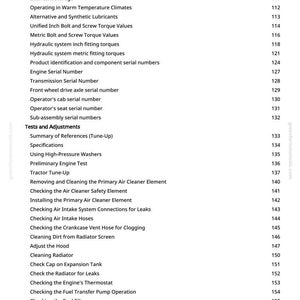 May include: A manual page detailing tractor maintenance procedures. Topics include oil filters, hydraulic systems, and engine tests. The page features a list of procedures and their corresponding page numbers. Page number is 4.
