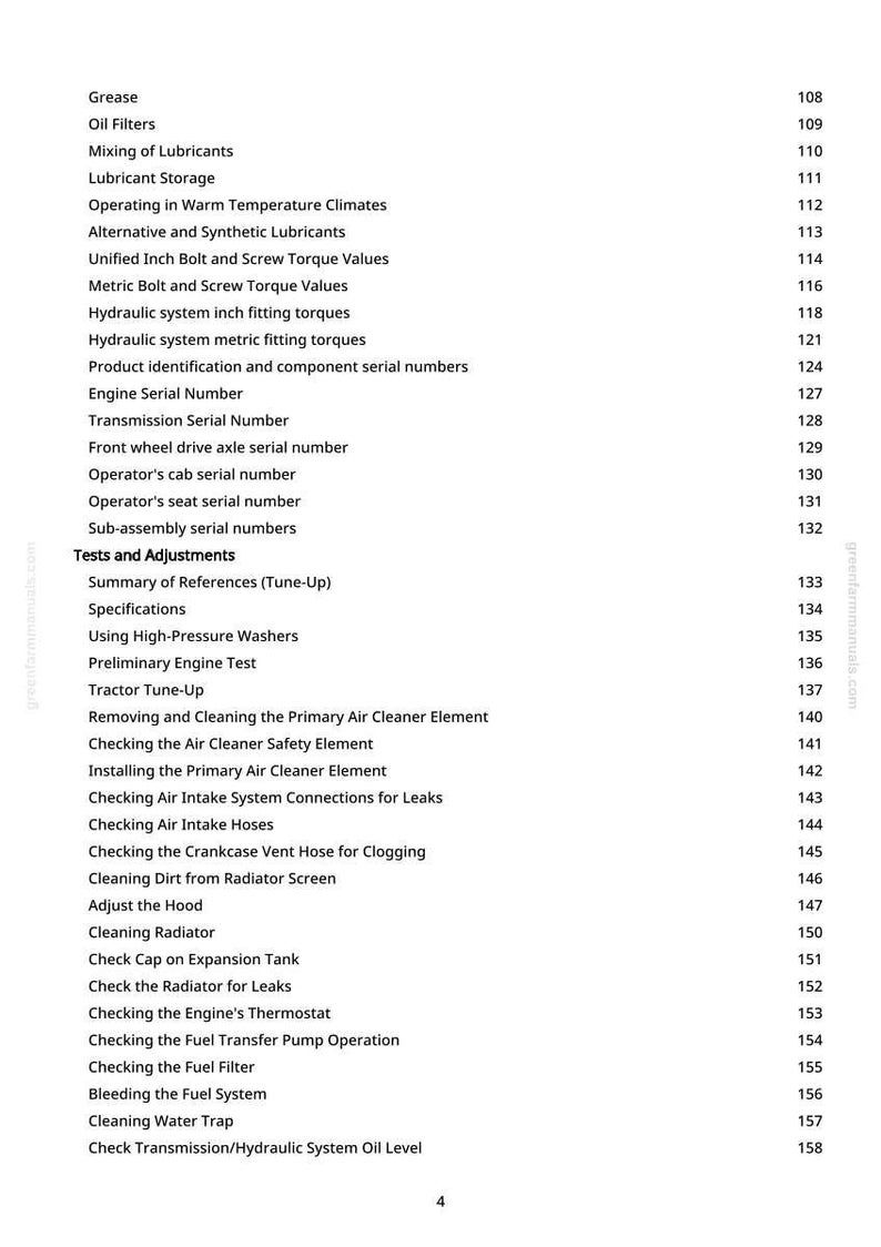 May include: A manual page detailing tractor maintenance procedures. Topics include oil filters, hydraulic systems, and engine tests. The page features a list of procedures and their corresponding page numbers. Page number is 4.
