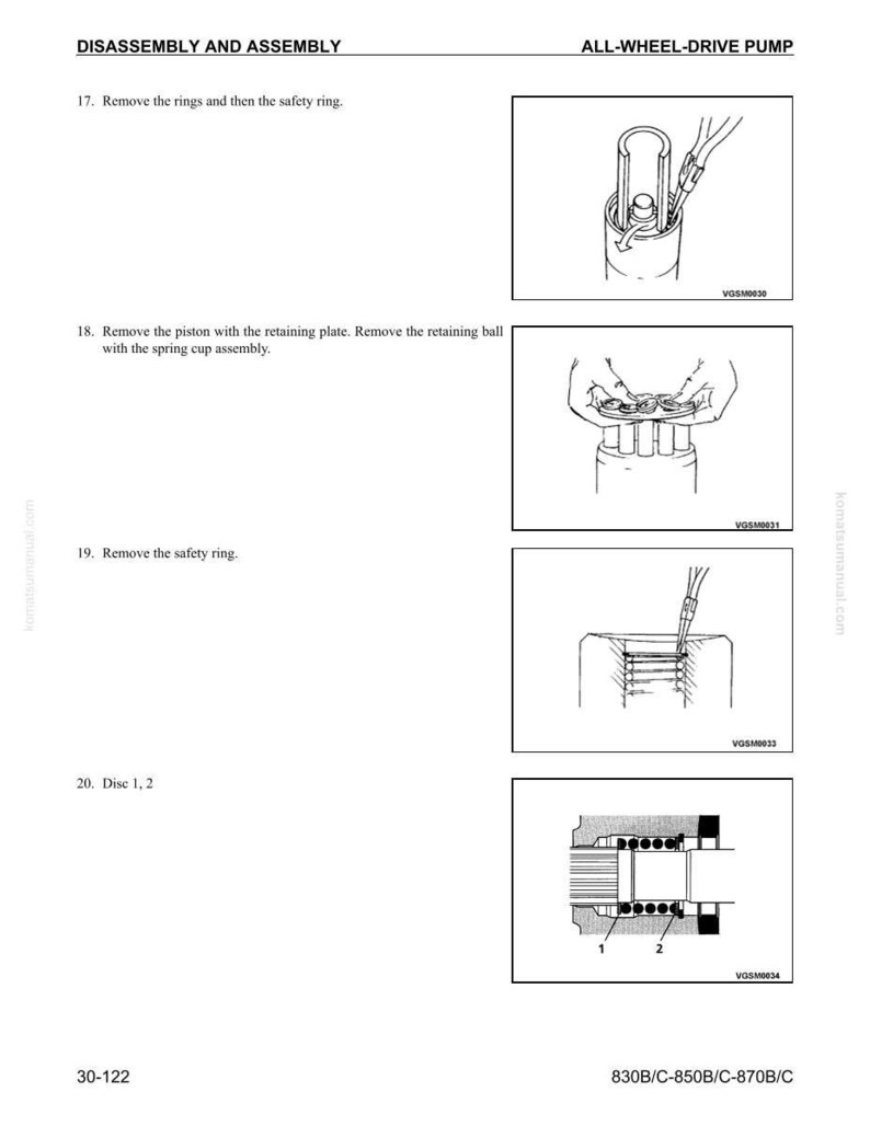 May include: Diagrams illustrating the disassembly and assembly of an all-wheel-drive pump. The images show various steps, including removing rings, pistons, and safety rings. Text includes "DISASSEMBLY AND ASSEMBLY" and "ALL-WHEEL-DRIVE PUMP".