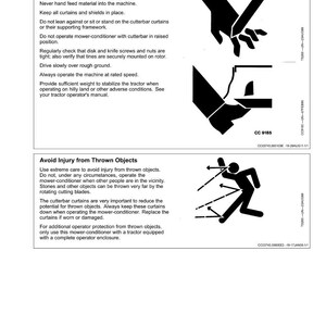 May include: Safety guidelines for machinery operation. The image displays safety instructions, including warnings about thrown objects and safe operating procedures. Includes illustrations and text.