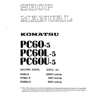 K&ouml;nnte beinhalten: Ein wei&szlig;es Werkstatthandbuch mit dem Titel "SHOP MANUAL" in fetter, umrandeter Schrift. Das Komatsu-Logo befindet sich &uuml;ber den Modellnummern PC60-5, PC60L-5 und PC60U-5.