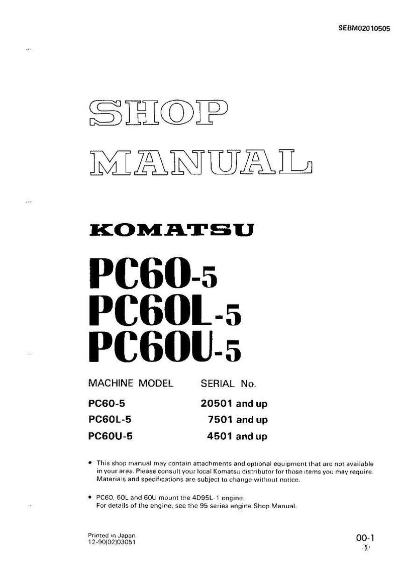 K&ouml;nnte beinhalten: Ein wei&szlig;es Werkstatthandbuch mit dem Titel "SHOP MANUAL" in fetter, umrandeter Schrift. Das Komatsu-Logo befindet sich &uuml;ber den Modellnummern PC60-5, PC60L-5 und PC60U-5.