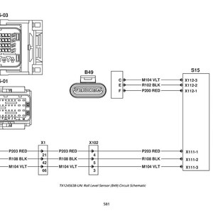 May include: Black and white circuit schematic diagram of a roll level sensor, with multiple connectors labeled A5-03, A5-01, B49, S15, X112, and X111. Text includes "TX1245638-UN: Roll Level Sensor (B49) Circuit Schematic".