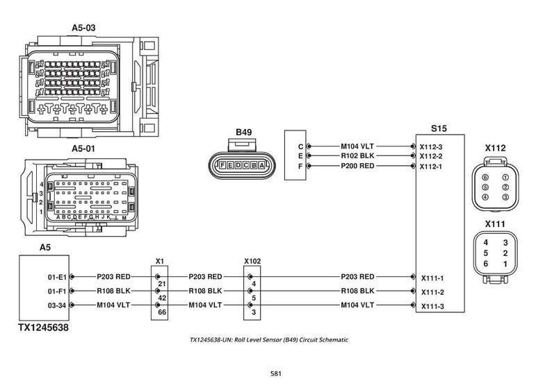 May include: Black and white circuit schematic diagram of a roll level sensor, with multiple connectors labeled A5-03, A5-01, B49, S15, X112, and X111. Text includes "TX1245638-UN: Roll Level Sensor (B49) Circuit Schematic".