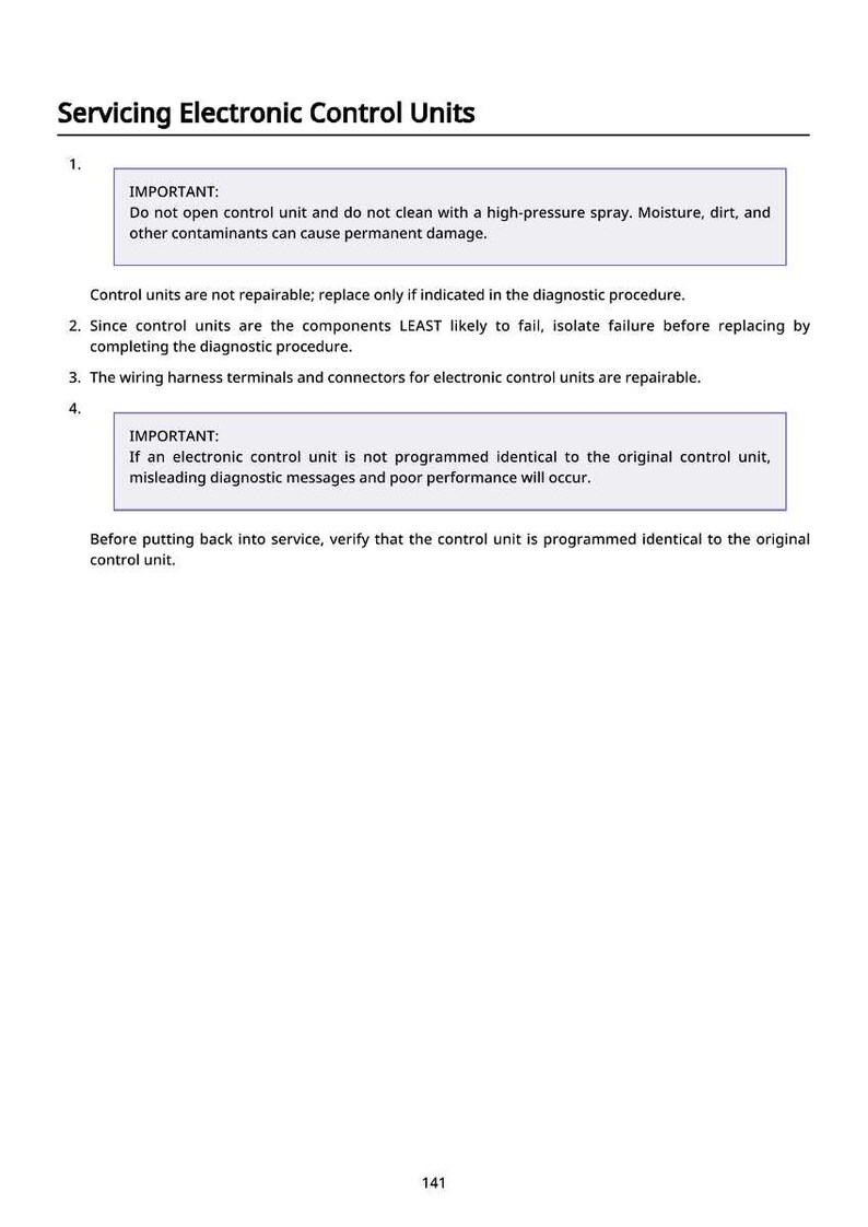 May include: A page from a manual titled "Servicing Electronic Control Units." The text includes warnings about opening the unit, cleaning it with high-pressure spray, and programming. The page number is 141.