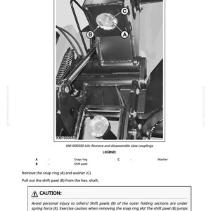 May include: Black and white diagram illustrating the removal and disassembly of claw couplings. The image includes labels for snap rings, shift pawls, and washers, along with a caution notice about potential injury.