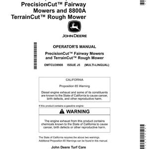 Puede incluir: Un documento blanco con texto negro, que incluye "7500A, 7700A, 8700A PrecisionCut Fairway Mowers y 8800A TerrainCut Rough Mower." El logotipo de John Deere es visible. El documento es un manual del operador con una advertencia de la Proposici&oacute;n 65 de California.