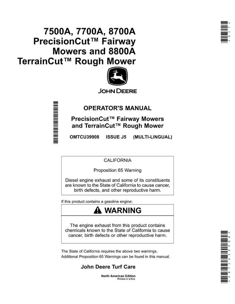 Puede incluir: Un documento blanco con texto negro, que incluye "7500A, 7700A, 8700A PrecisionCut Fairway Mowers y 8800A TerrainCut Rough Mower." El logotipo de John Deere es visible. El documento es un manual del operador con una advertencia de la Proposici&oacute;n 65 de California.