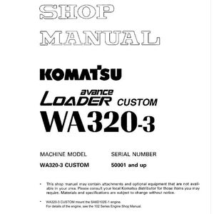 May include: Shop manual for Komatsu WA320-3 Loader Custom. The cover features the Komatsu logo and model information in bold, black text. Includes the machine model, serial number, and other technical details. Printed in Japan.
