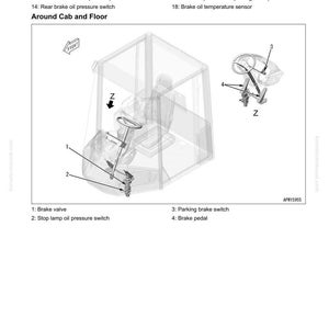 May include: Diagram of a brake system layout, featuring a cab and floor view. The image includes labels for components like brake accumulators, oil pressure switches, and brake pedals. The diagram is labeled with text and arrows.