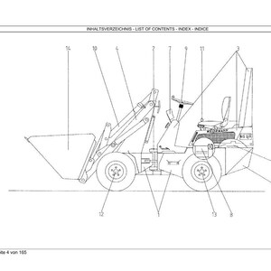 K&ouml;nnte beinhalten: Technische Zeichnung eines Weidemann-Radladers, einer Art Baumaschine. Das Bild ist eine Strichzeichnung mit Beschriftungen und Ma&szlig;en. Der Lader hat eine Schaufel, R&auml;der und eine Kabine mit einem Sitz. Der Text oben lautet "LIST OF CONTENTS - INDEX - INDICE".