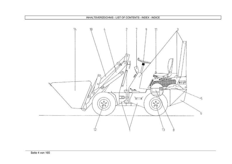 K&ouml;nnte beinhalten: Technische Zeichnung eines Weidemann-Radladers, einer Art Baumaschine. Das Bild ist eine Strichzeichnung mit Beschriftungen und Ma&szlig;en. Der Lader hat eine Schaufel, R&auml;der und eine Kabine mit einem Sitz. Der Text oben lautet "LIST OF CONTENTS - INDEX - INDICE".