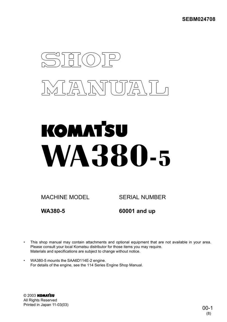 K&ouml;nnte beinhalten: Ein wei&szlig;es Werkstatthandbuch mit dem Text "SHOP MANUAL" in einer umrandeten Schriftart. Das Komatsu-Logo und "WA380-5" sind deutlich sichtbar. Enth&auml;lt Informationen zu Maschinenmodell und Seriennummer. Das Handbuch ist in Japan gedruckt.