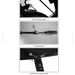 Op de afbeelding: Zwart-wit diagram van voertuigonderdelen. Bevat close-ups van een deuurcilinder, een clip en een dome light assembly. Tekstlabels identificeren elk onderdeel met nummers en letters.