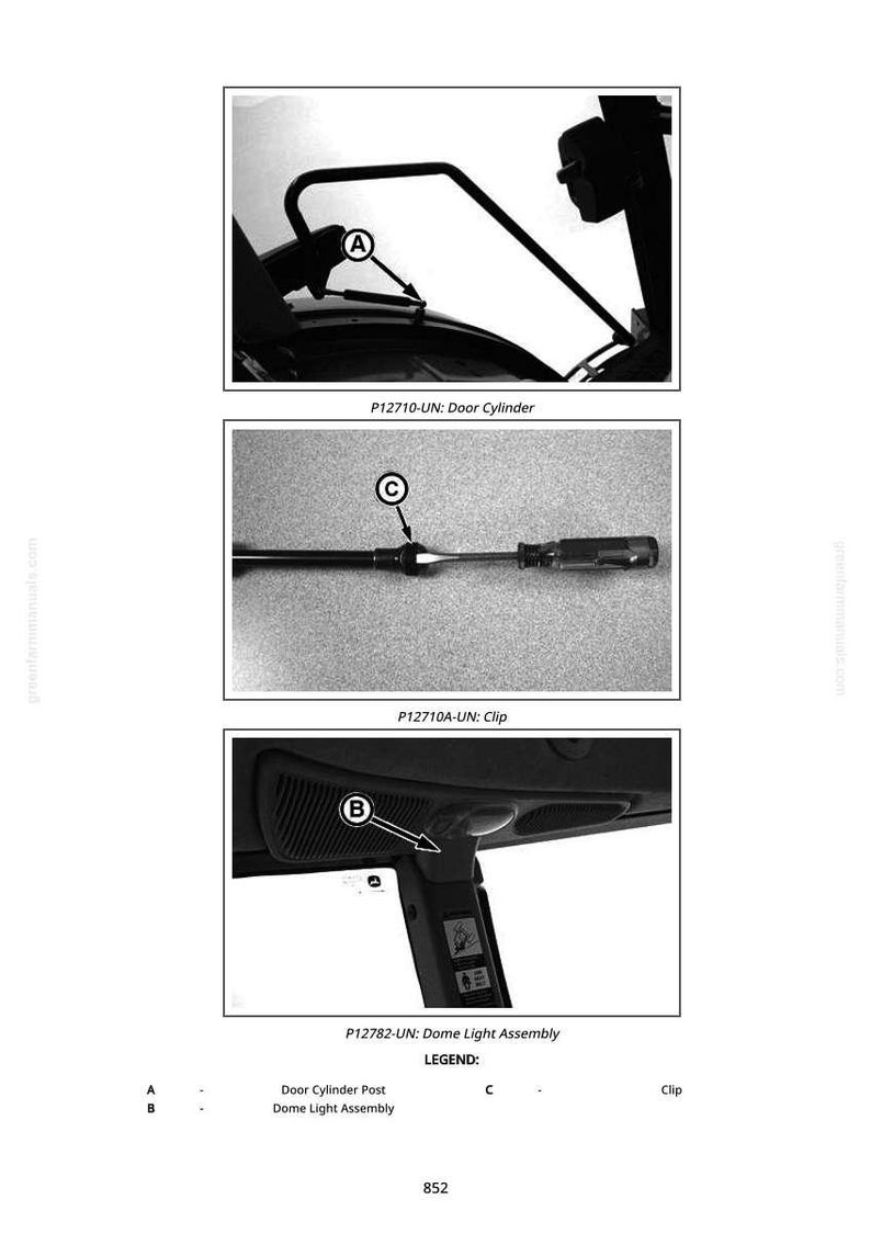 Op de afbeelding: Zwart-wit diagram van voertuigonderdelen. Bevat close-ups van een deuurcilinder, een clip en een dome light assembly. Tekstlabels identificeren elk onderdeel met nummers en letters.