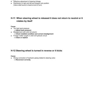 May include: A white page detailing troubleshooting for a hydraulic and mechanical system. The text provides causes and solutions for issues such as turning radius differences, steering wheel return problems, and reverse kicks.
