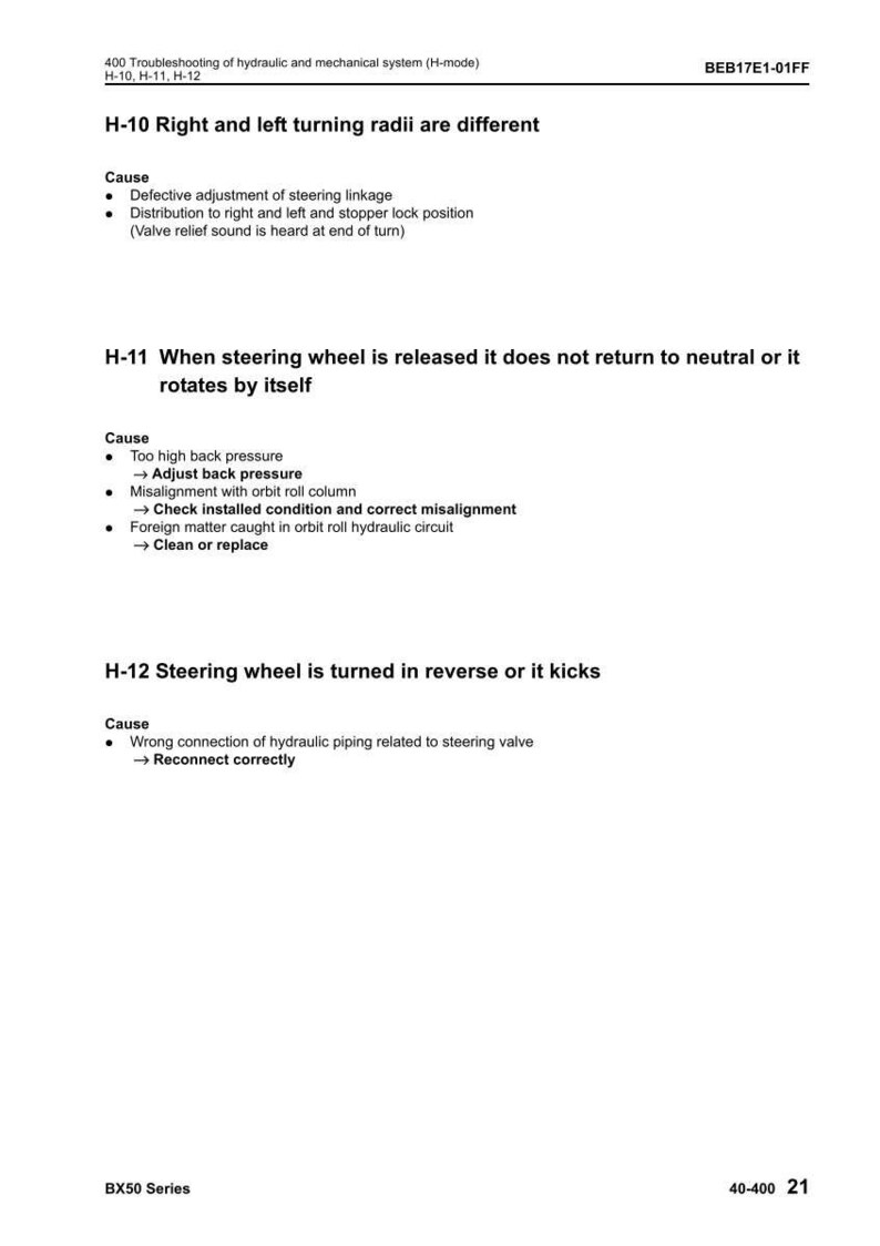 May include: A white page detailing troubleshooting for a hydraulic and mechanical system. The text provides causes and solutions for issues such as turning radius differences, steering wheel return problems, and reverse kicks.